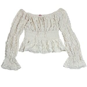 Rose and Grey Cream Popcorn Textured Smocked Peplum Top  Off Shoulder Blouse XL